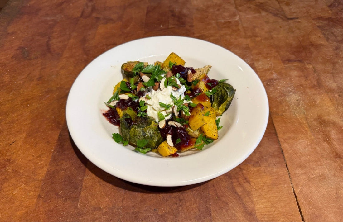 Cranberry-Glazed Roasted Squash and Brussels Sprouts with Burrata