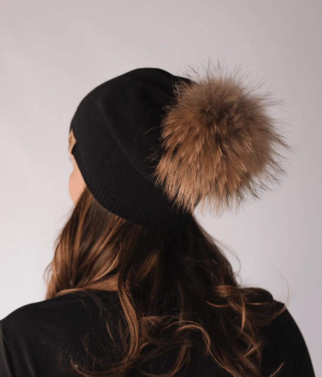Cozy Brown and Black fur Pom-Pom Hat Black Knit Pom Pom Beanie HatWarm Winter Brown Faux Fur Pom  main image 2